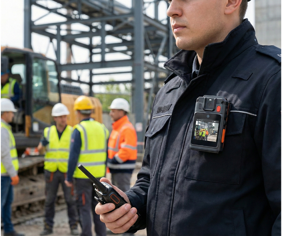 Guardia de seguridad utilizando BodyCam Hytera SC580 con transmisión de video en tiempo real